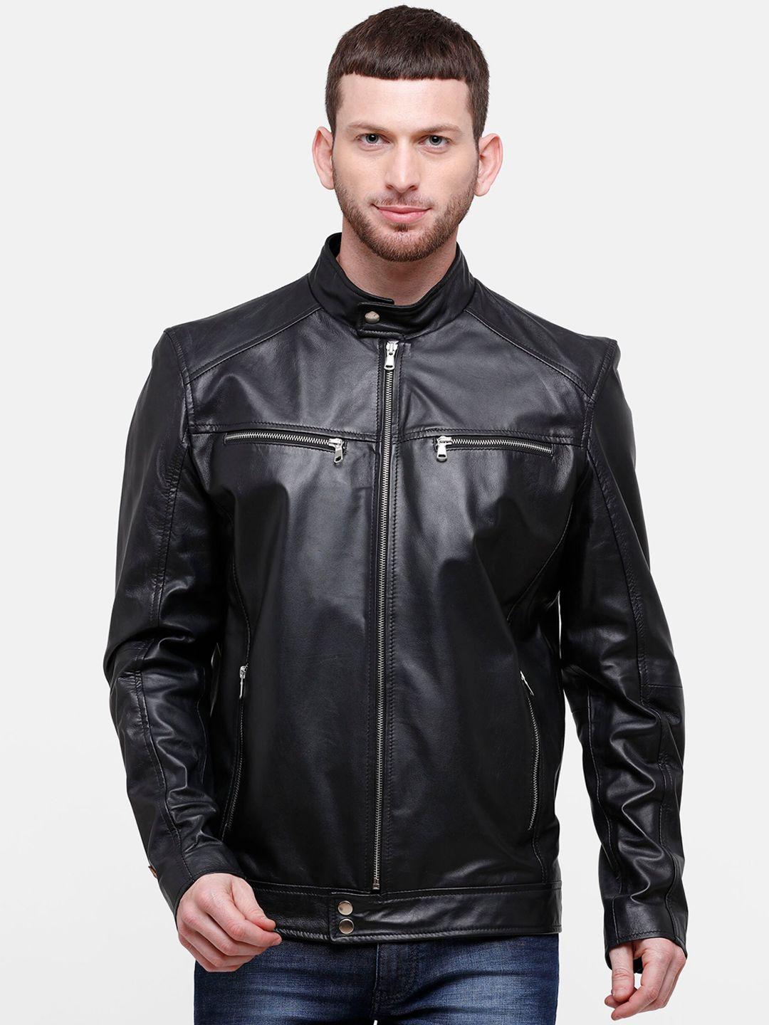 monochrome men black solid leather biker jacket