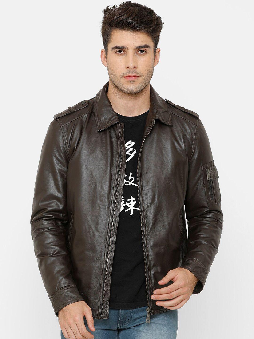 monochrome men brown solid insulator leather jacket