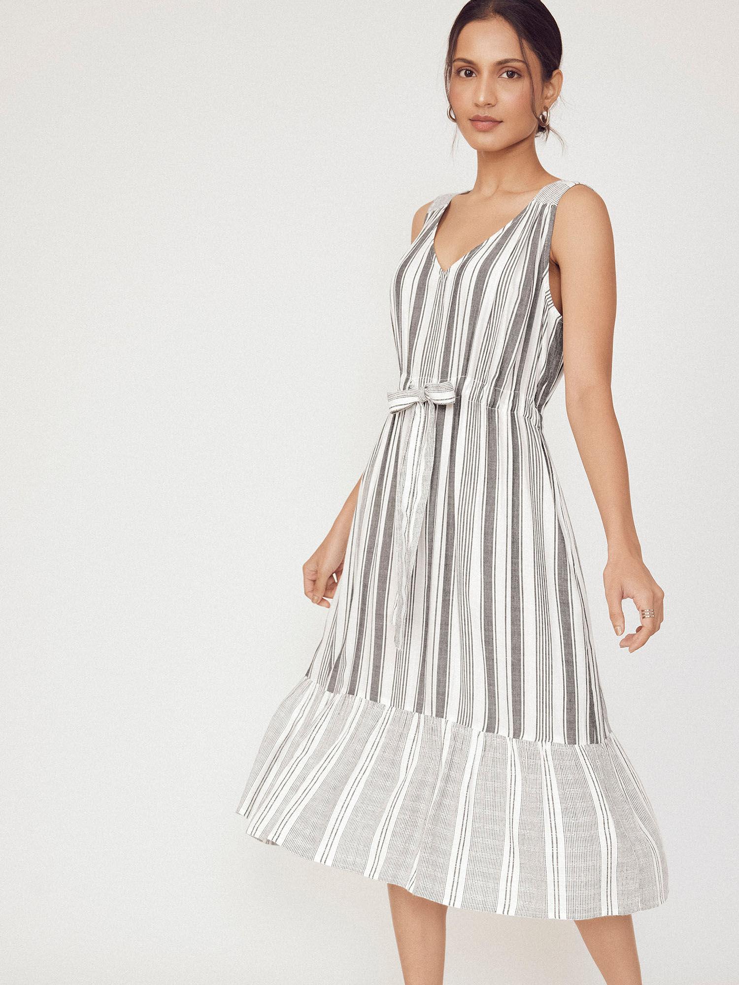 monochrome striped front tie dress white
