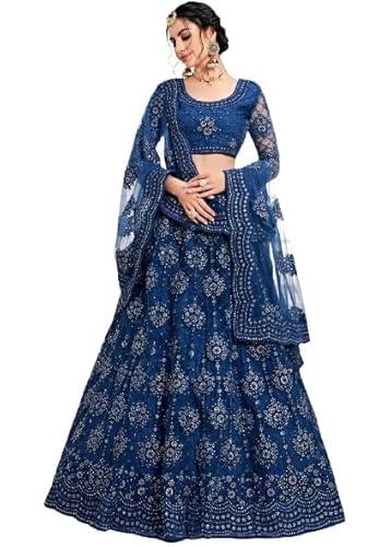 monrav women`s net embroidered semi stitched lehenga choli (blue)