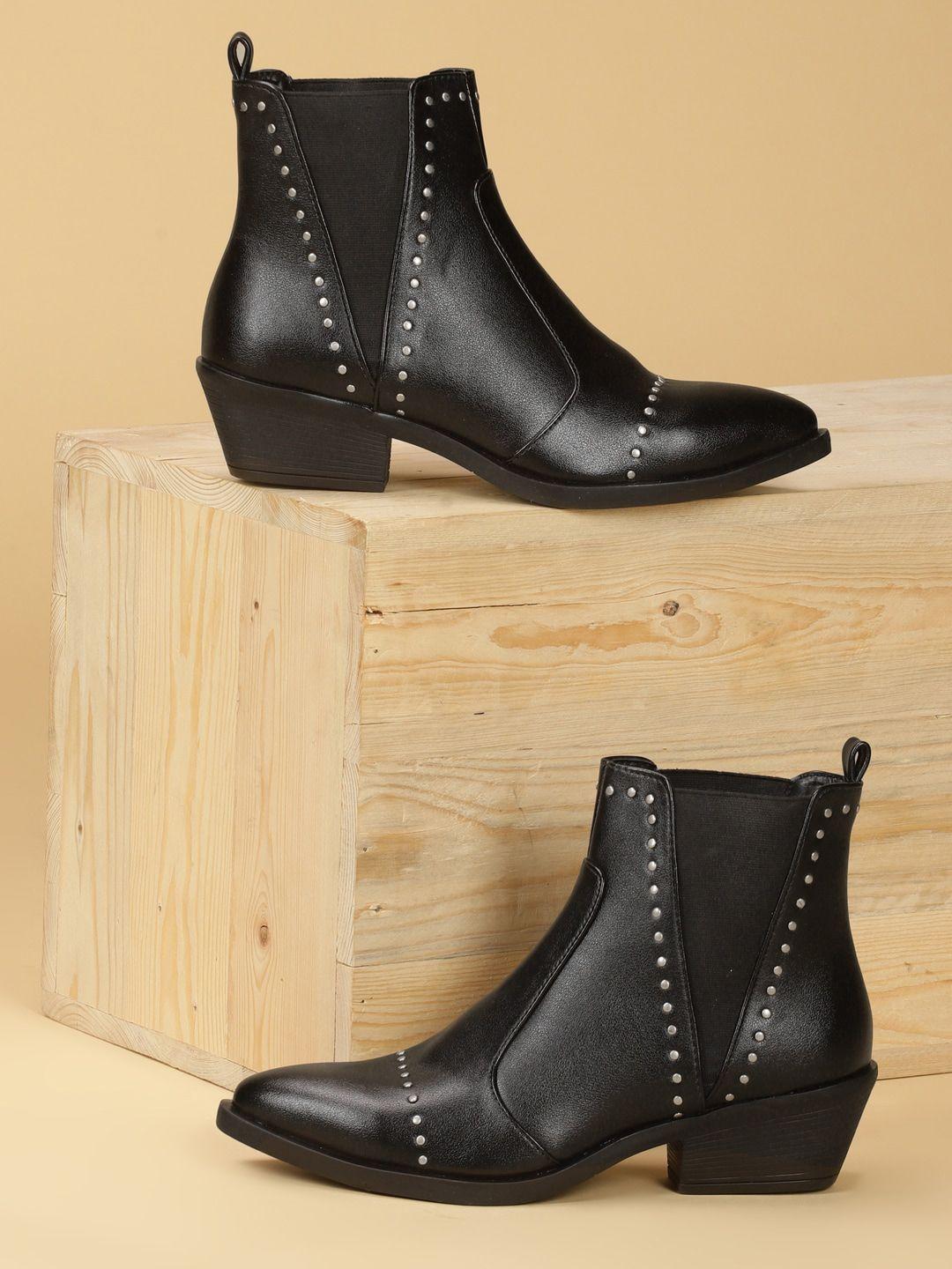 monrow black embellished pu block heel boots