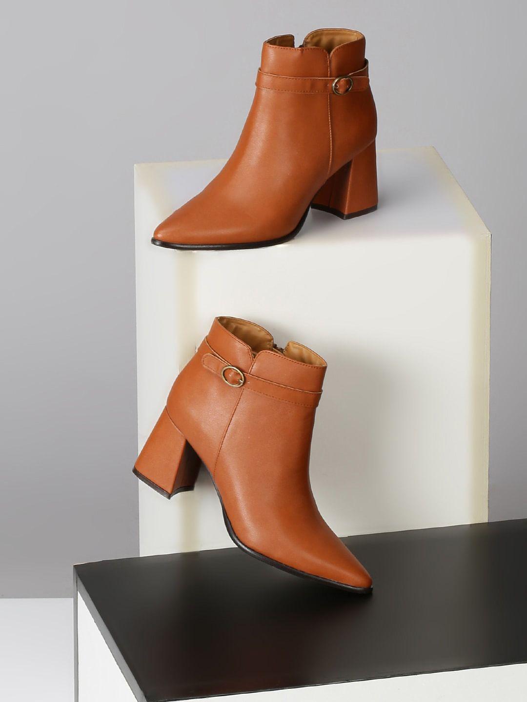 monrow tan pu block heeled boots with buckles
