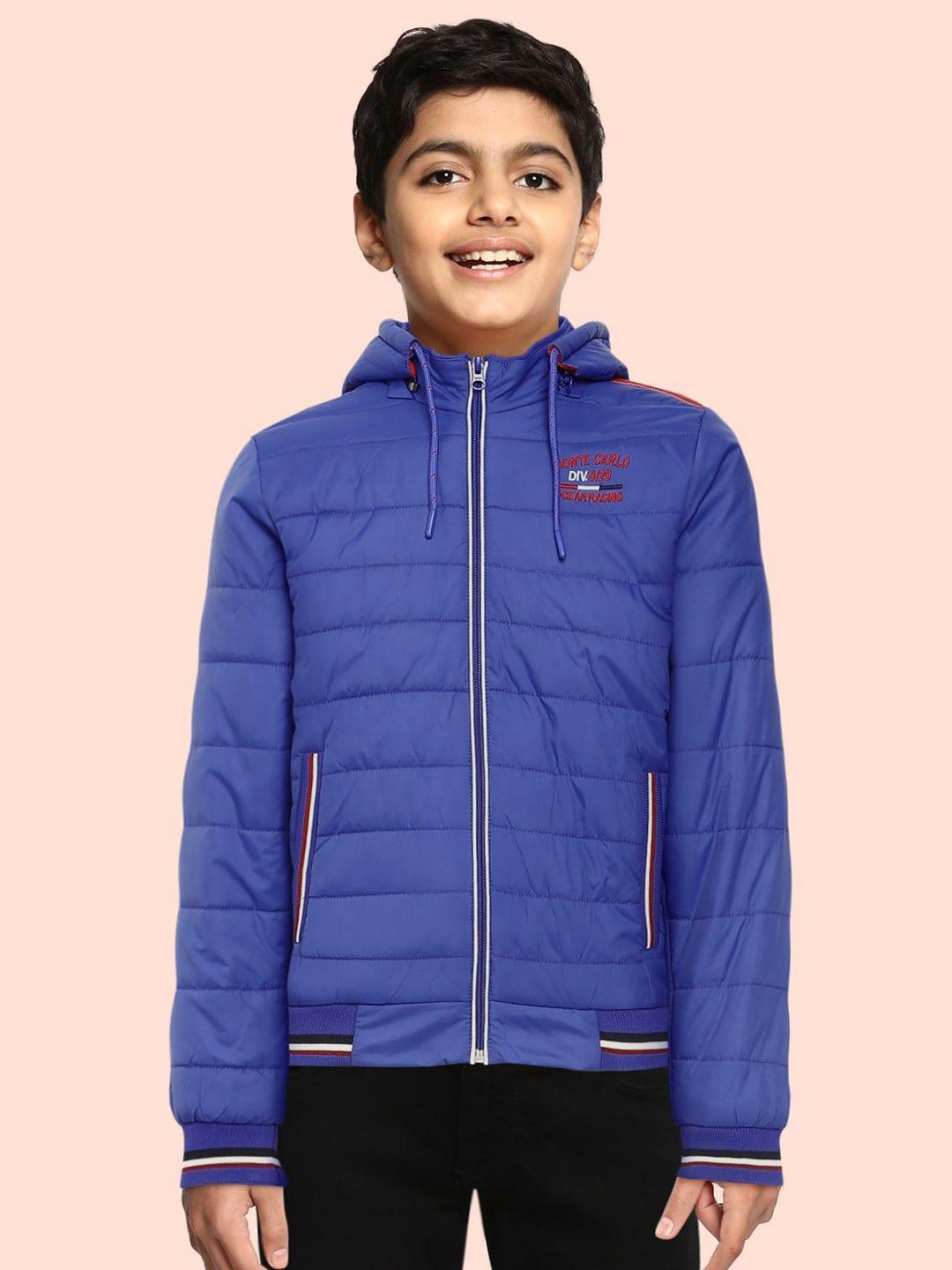 monte carlo boys blue solid hooded padded bomber jacket