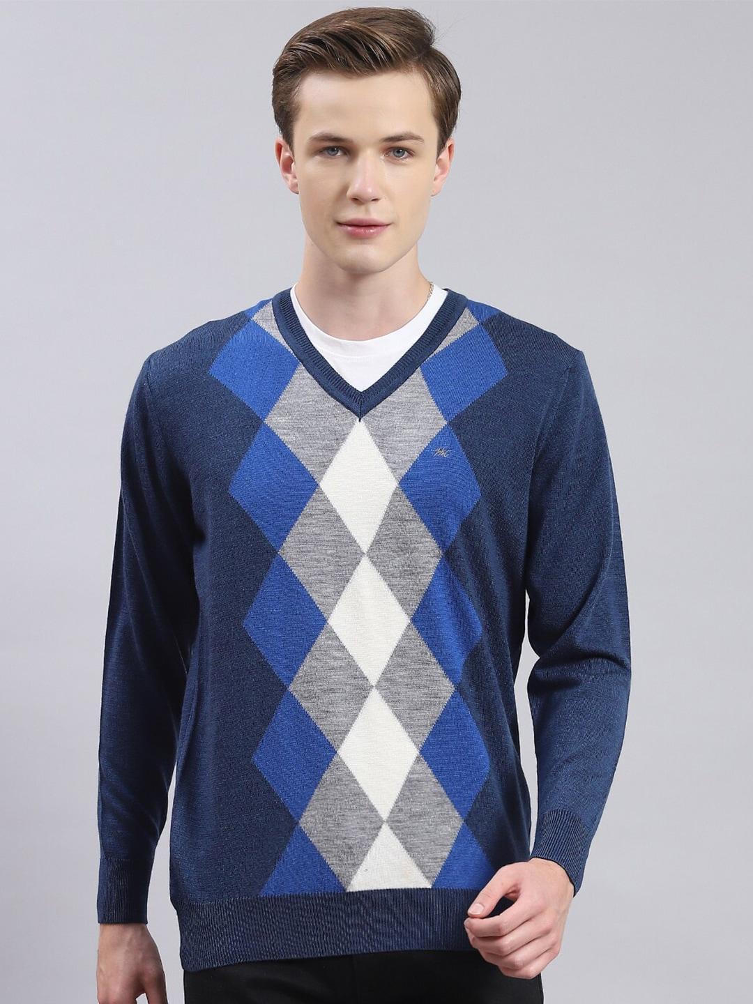 monte carlo geometric printed v-neck pullover sweater