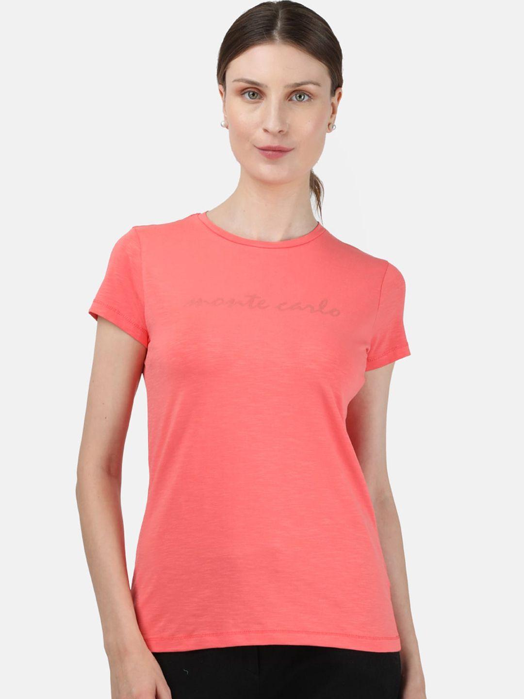 monte carlo women coral pink printed round neck t-shirt
