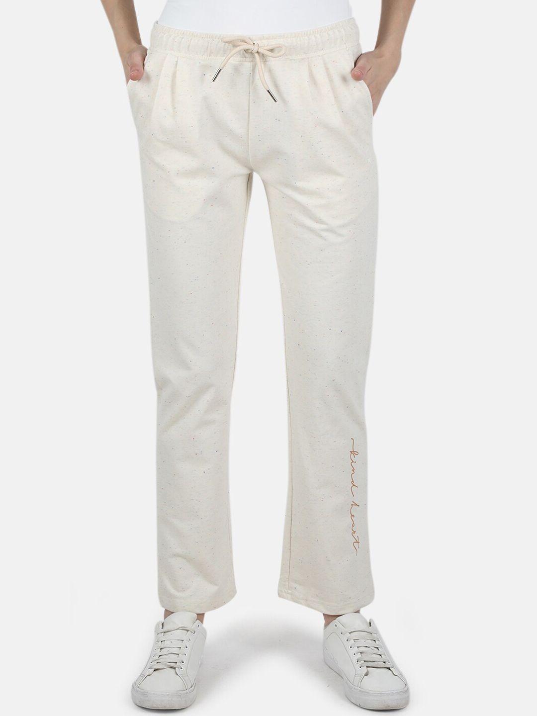 monte carlo women cream-coloured solid slim-fit track pants