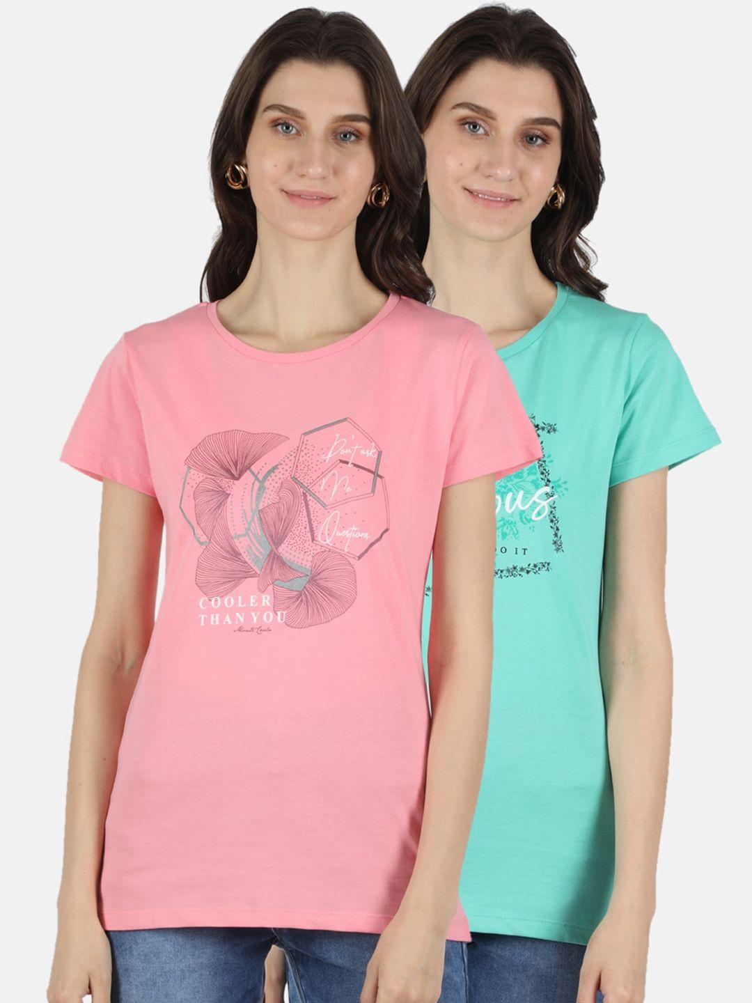 monte carlo women pink & blue pack of 2 printed pure cotton top