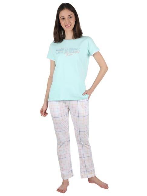 monte carlo aqua blue & white printed t-shirt pyjama set
