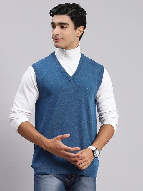 monte carlo blue pure wool regular fit solid sweater