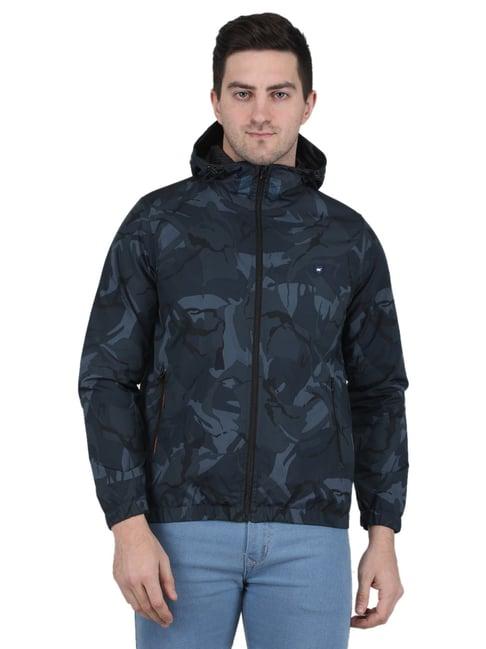 monte carlo blue regular fit printed hooded jacket