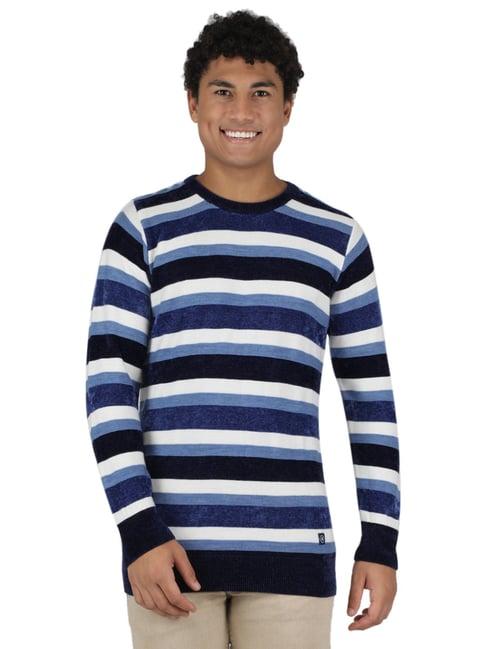 monte carlo blue white & black regular fit striped sweater