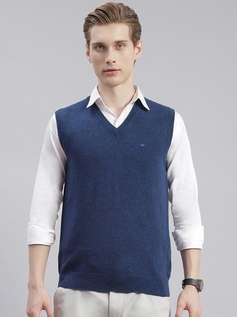 monte carlo blue wool blend regular fit solid sweater