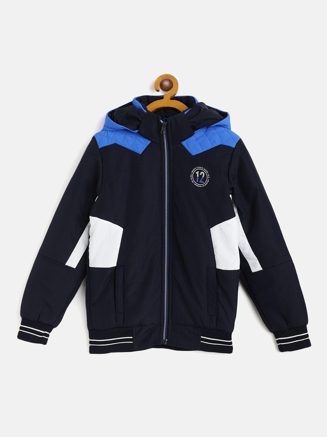 monte carlo boys blue & white colourblocked bomber jacket with detachable hood