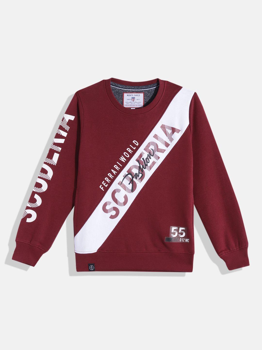 monte carlo boys maroon & white typography print colourblocked sweatshirt