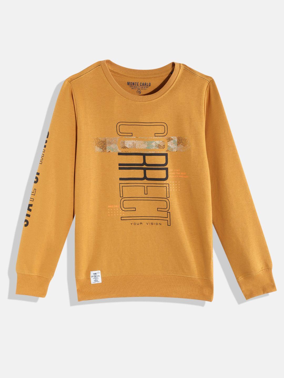 monte carlo boys mustard yellow & black typography printed sweatshirt