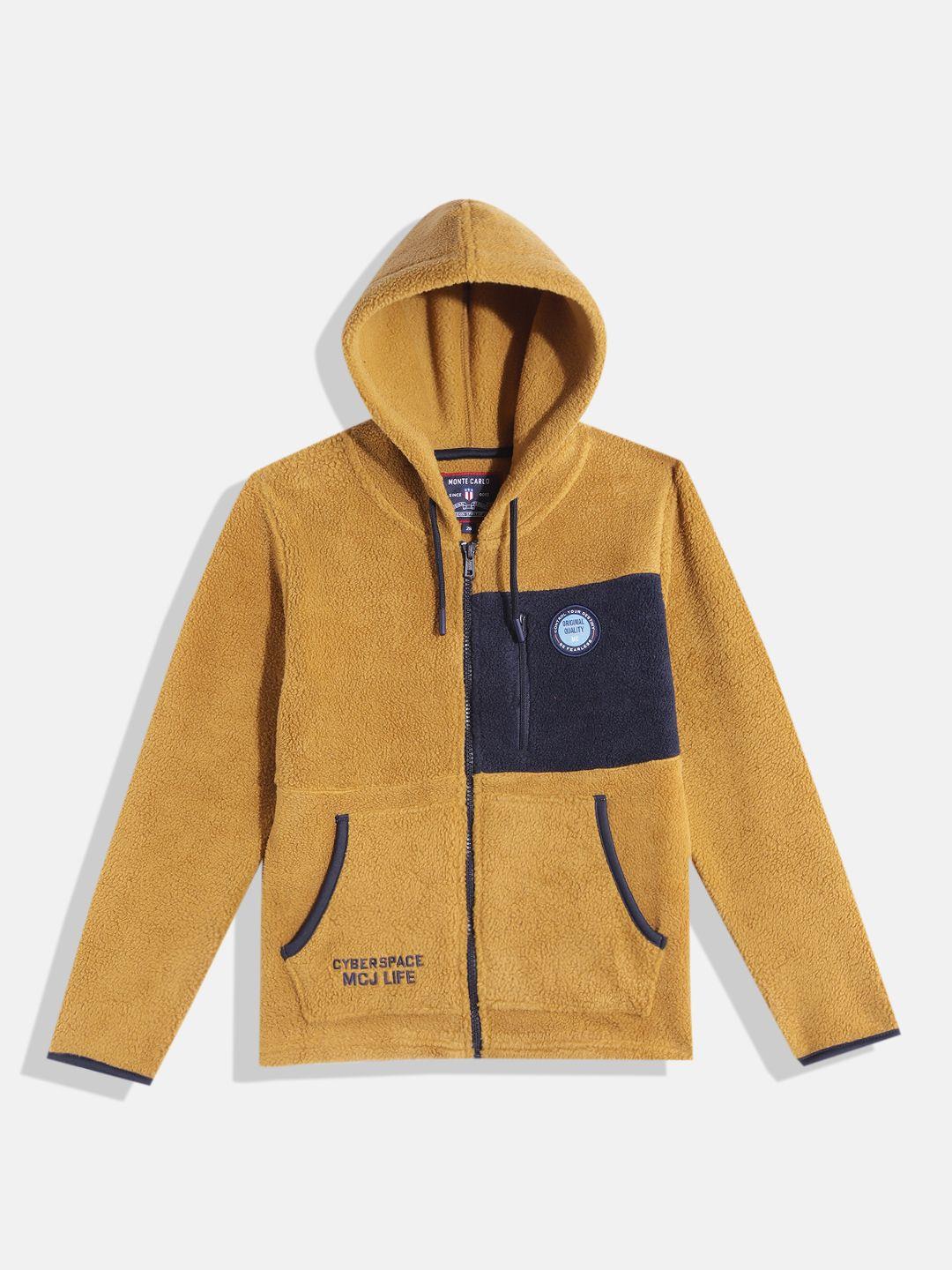 monte carlo boys mustard yellow & navy blue colourblocked hood sweatshirt with sherpa