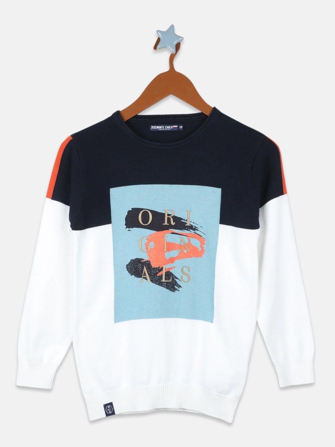 monte carlo boys off white & navy blue printed pure cotton pullover