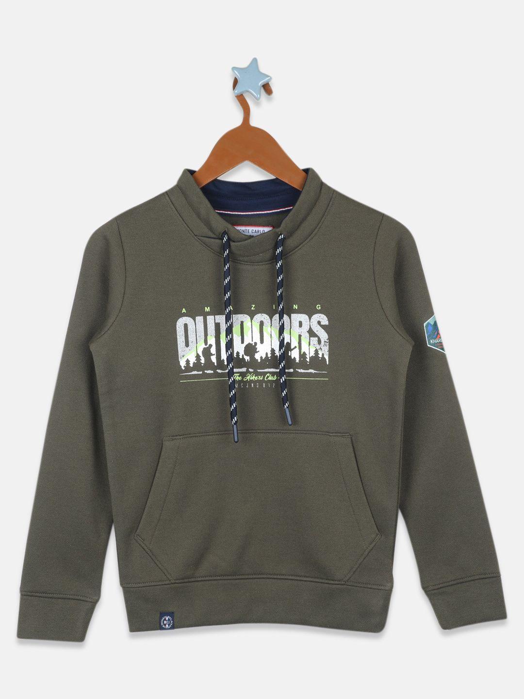 monte carlo boys olive green printed hooded sweatshirt