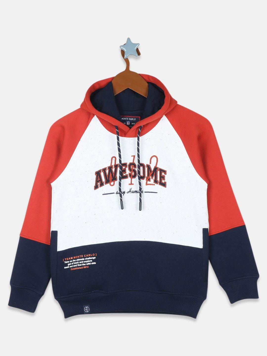 monte carlo boys orange cotton colourblocked hooded sweatshirt