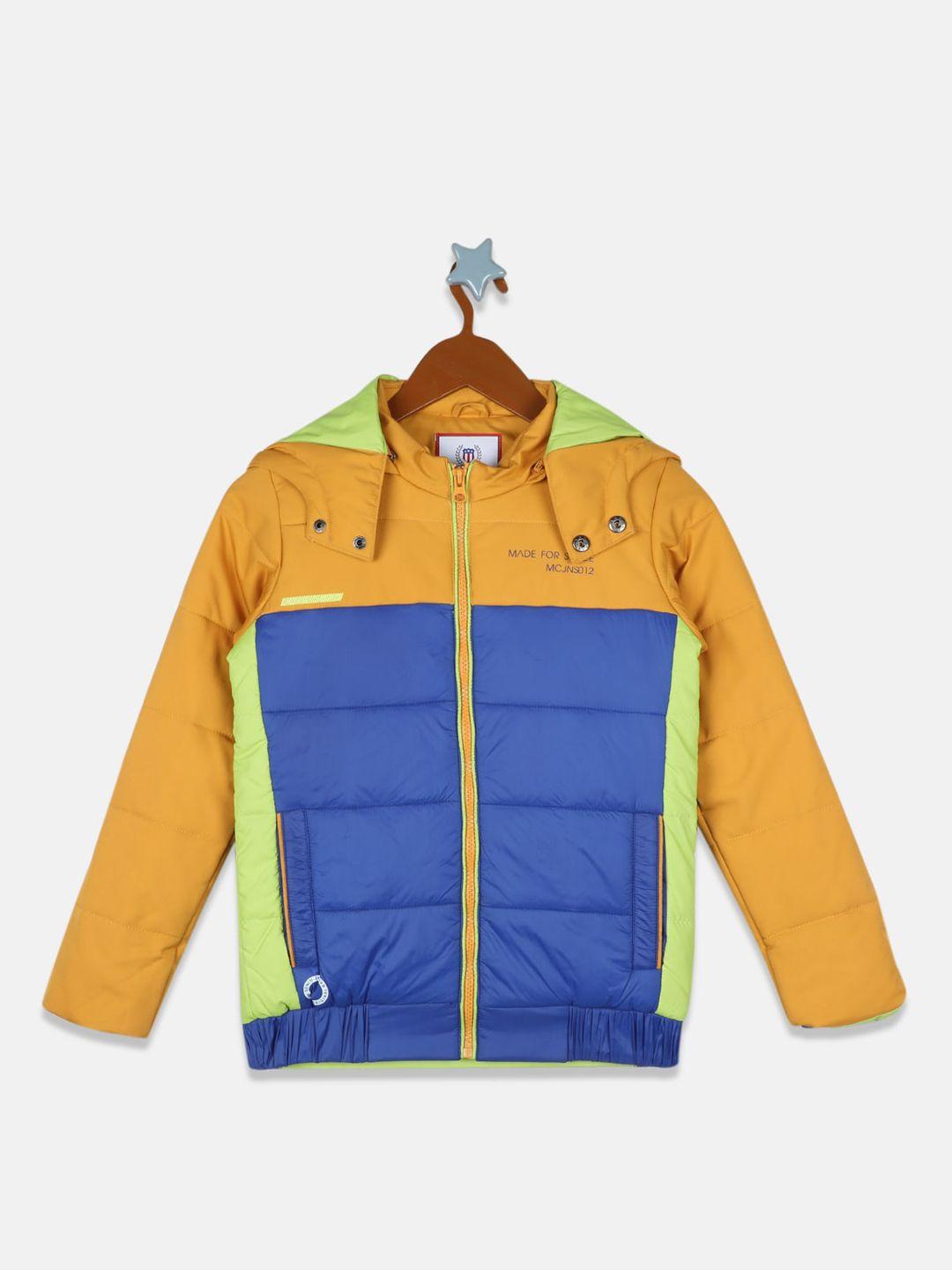 monte carlo boys yellow & blue colourblocked lightweight hooded padded jacket