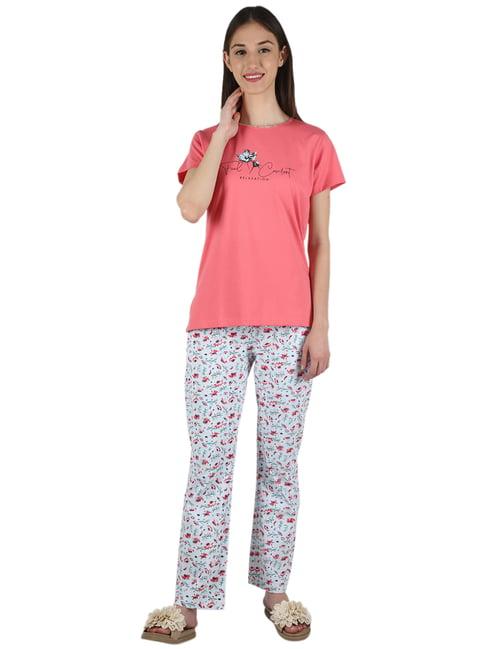 monte carlo coral & sky blue printed t-shirt pyjama set