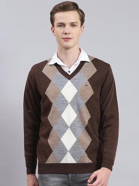 monte carlo dark brown regular fit pure wool self pattern sweater