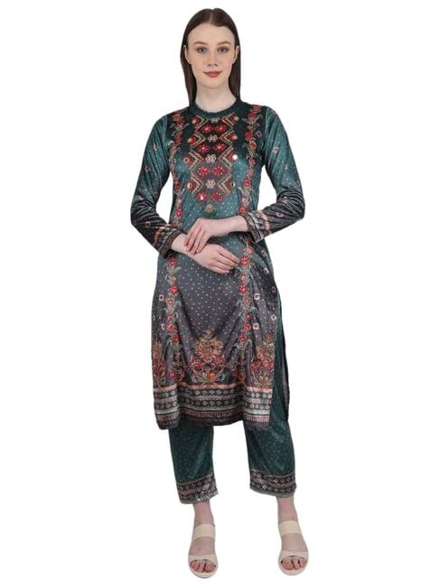 monte carlo dark green embroidered kurta with pants