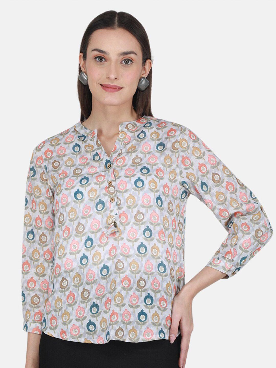 monte carlo ethnic motifs print mandarin collar shirt style top
