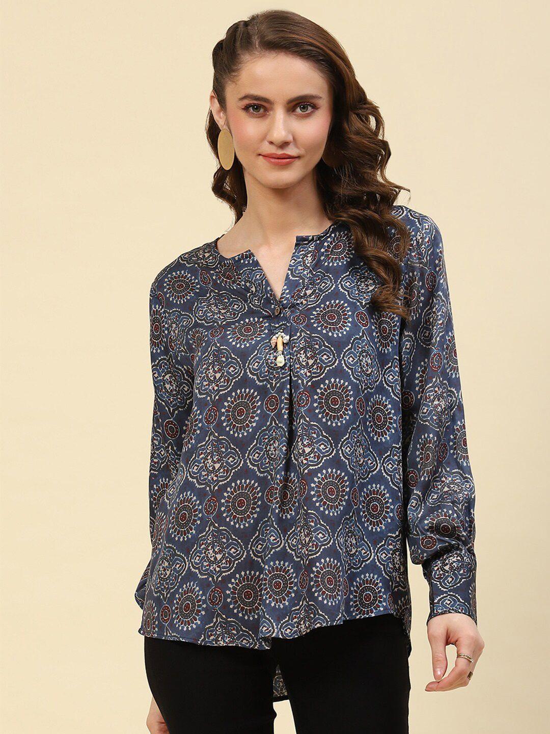 monte carlo ethnic printed v-neck long sleeves top