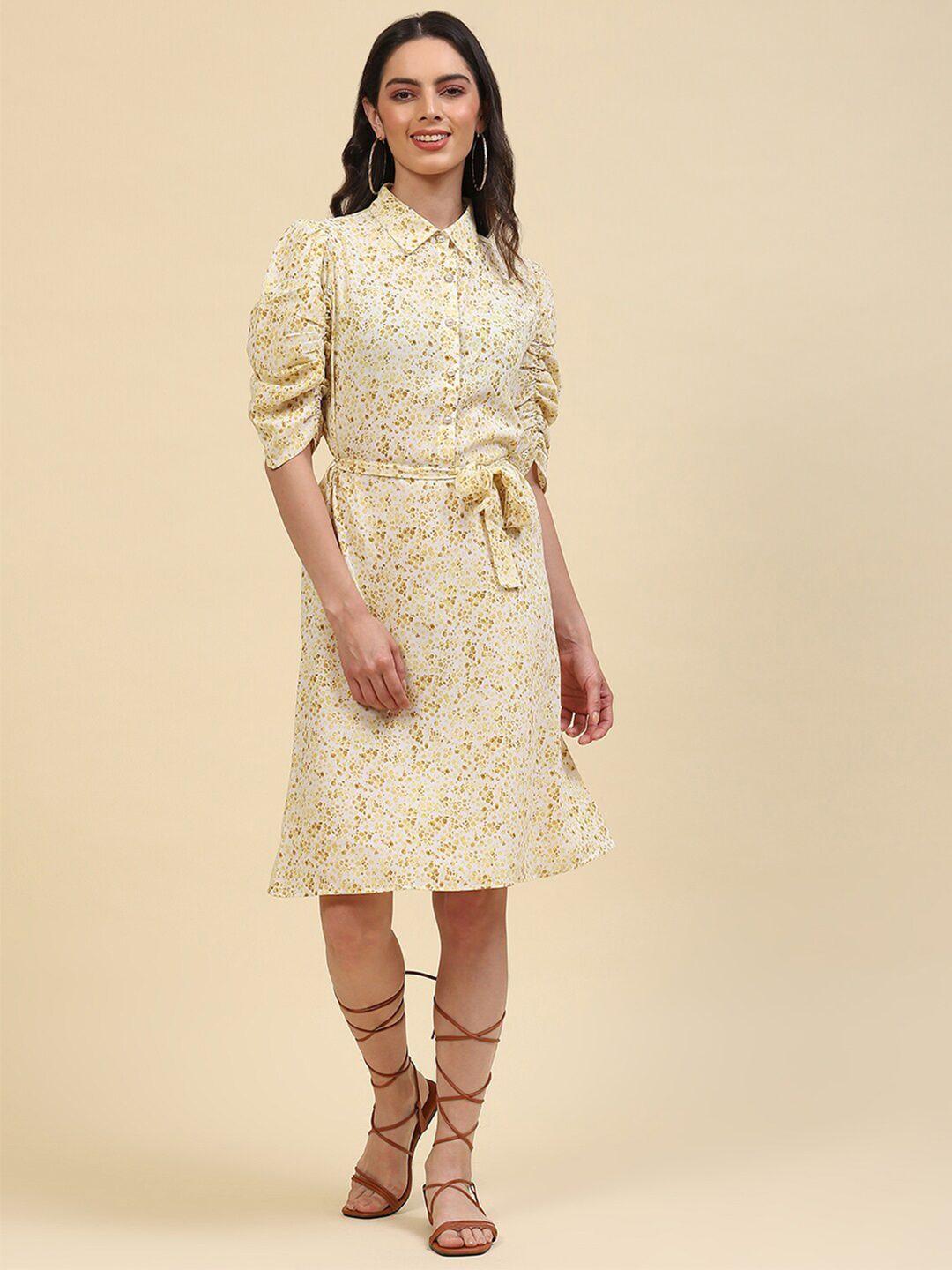monte carlo floral printed ruched sleeves shirt dress with belt
