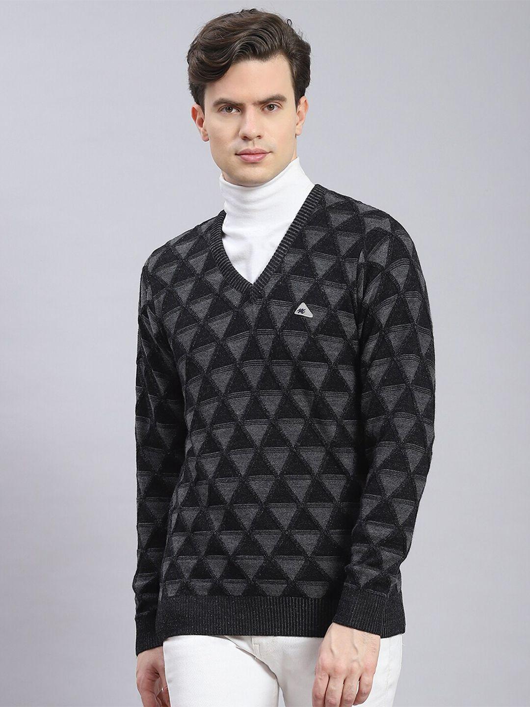 monte carlo geometric self design v-neck woollen pullover