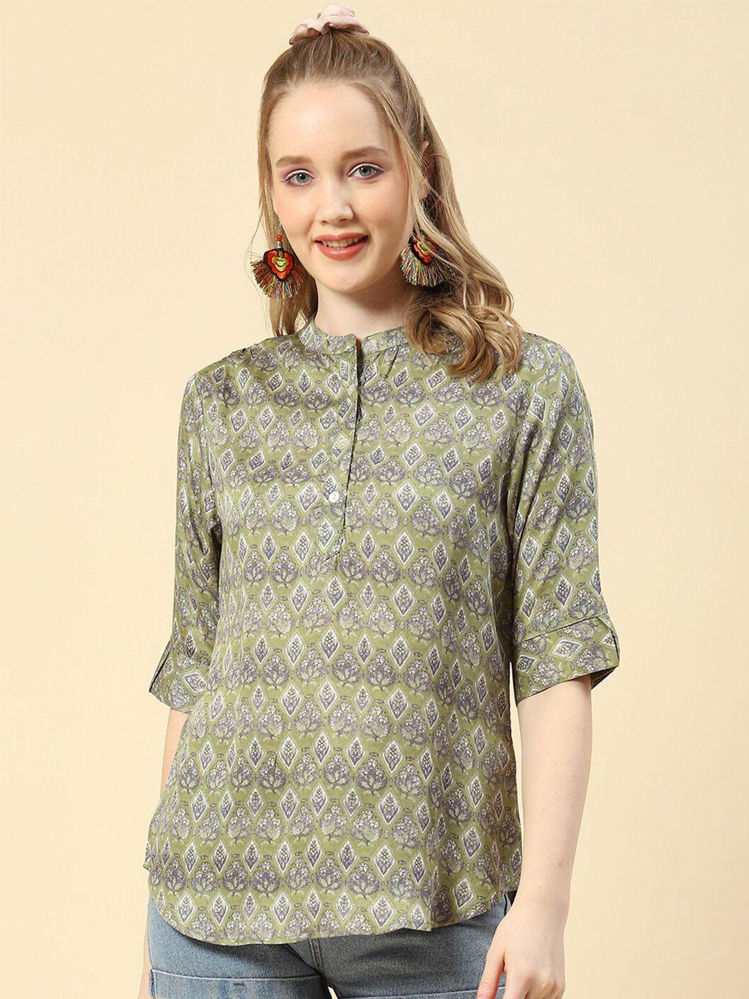 monte carlo green floral print mandarin collar roll-up sleeves shirt style top