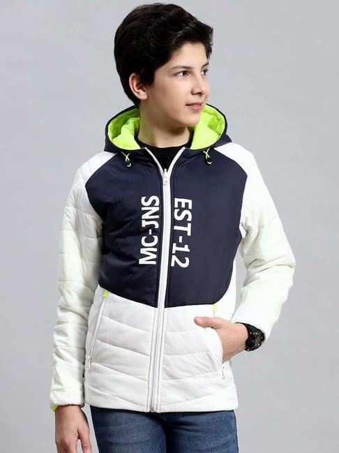 monte carlo kids white & green printed full sleeves reversible jacket