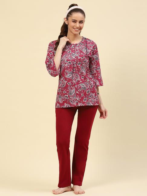 monte carlo maroon printed top with lounge pants