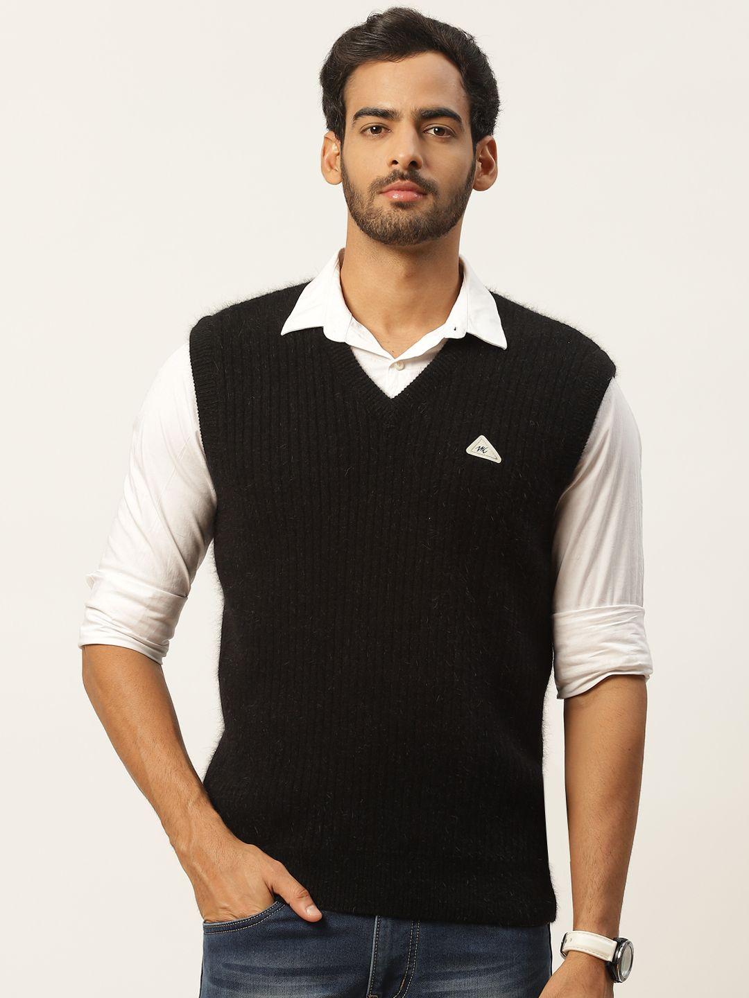 monte carlo men black angora wool ribbed sweater vest with applique detail