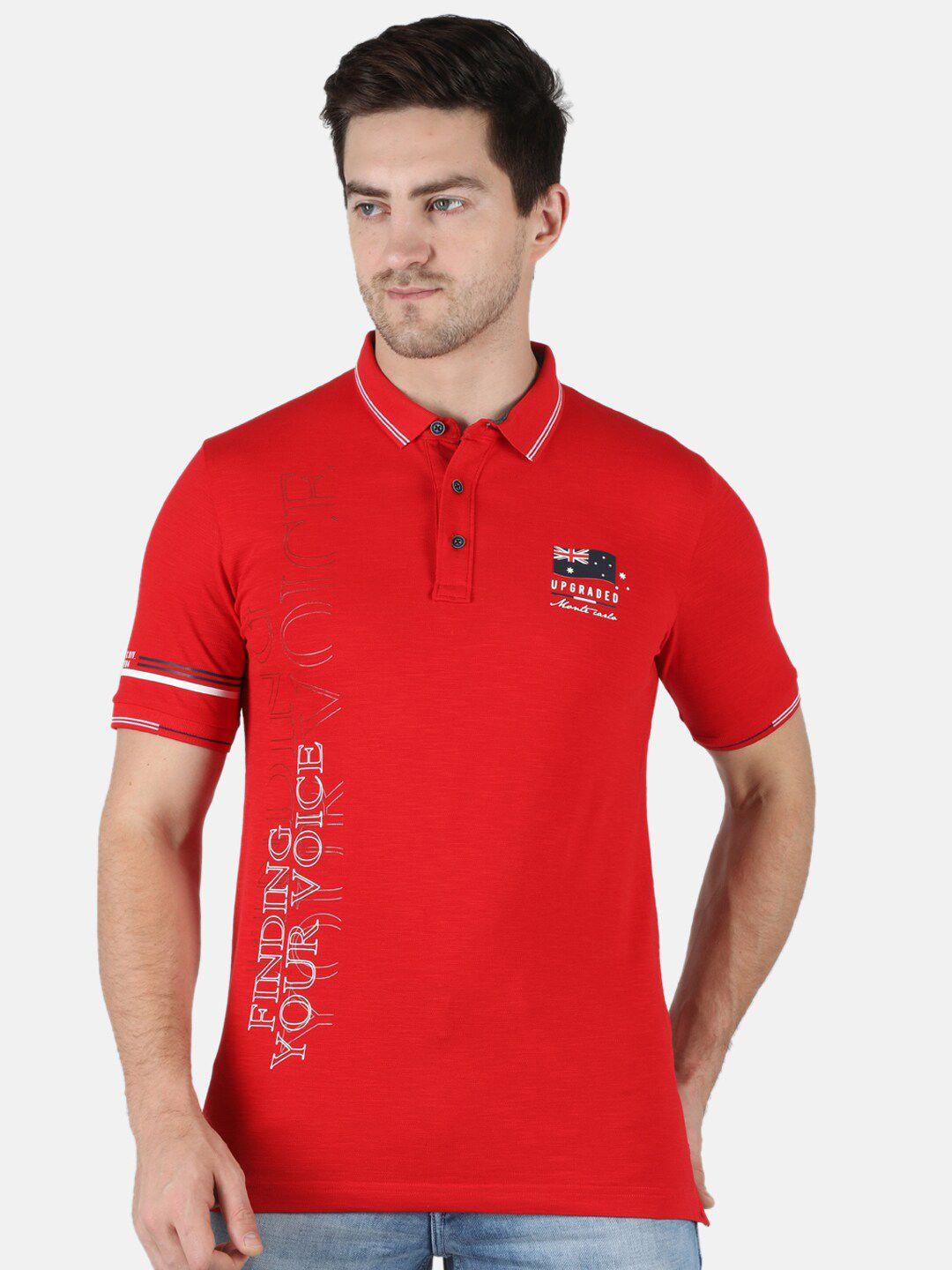 monte carlo men red & white typography printed polo collar slim fit t-shirt