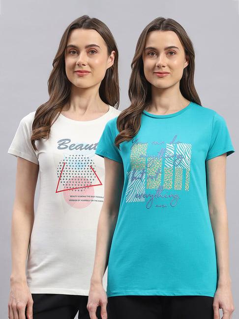 monte carlo off white & turquoise cotton graphic print t-shirt (pack of 2)