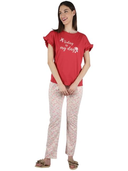 monte carlo red & peach printed t-shirt pyjama set