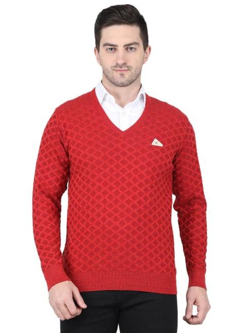 monte carlo red regular fit v neck self design sweater