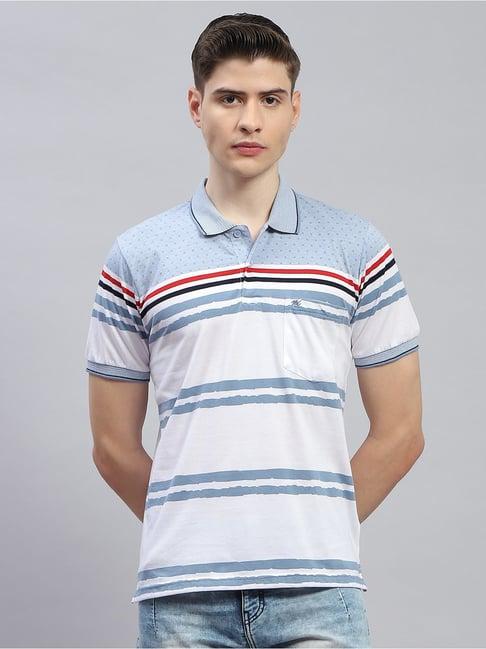 monte carlo sky blue & white regular fit striped polo t-shirt