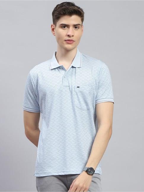 monte carlo sky blue regular fit printed polo t-shirt