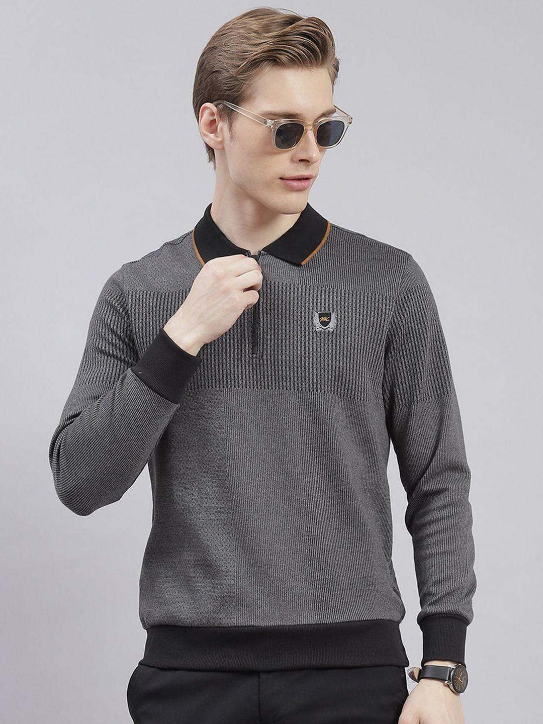 monte carlo striped self design polo collar pullover sweatshirt