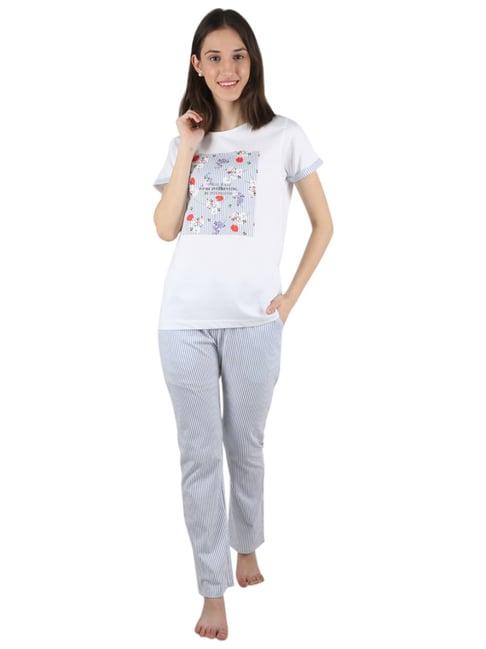 monte carlo white & blue printed t-shirt pyjama set