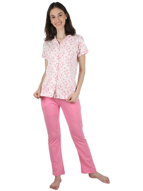 monte carlo white & pink floral print shirt pyjama set
