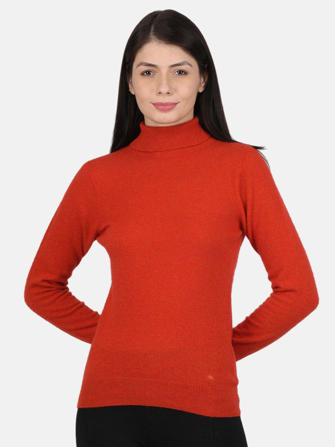 monte carlo women's lambs wool orange solid high neck sceavy top