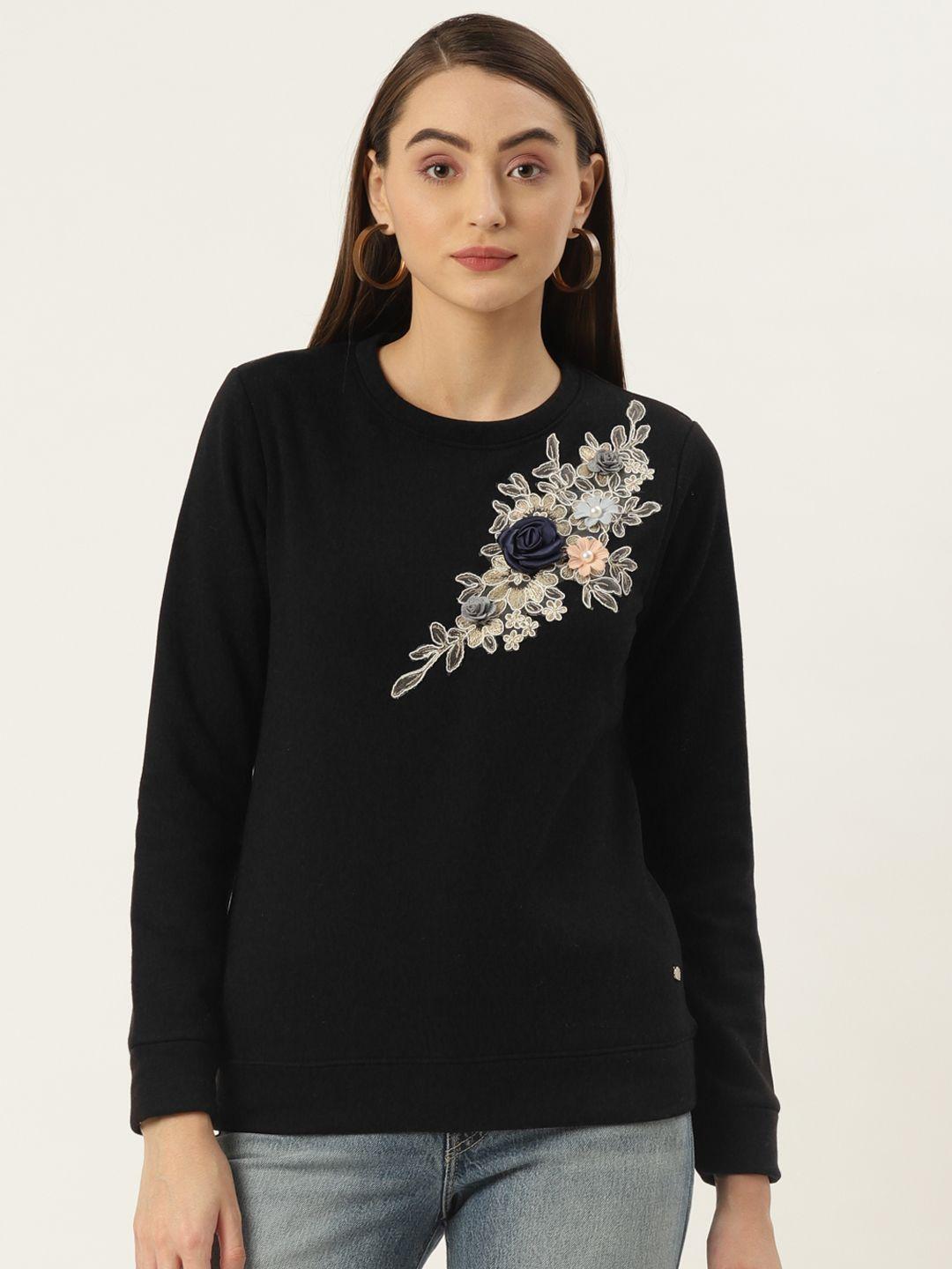 monte carlo women black floral embroidered sweatshirt