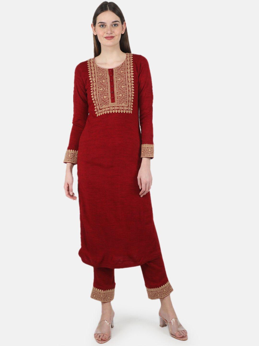monte carlo women maroon floral embroidered pure cotton kurta with trousers