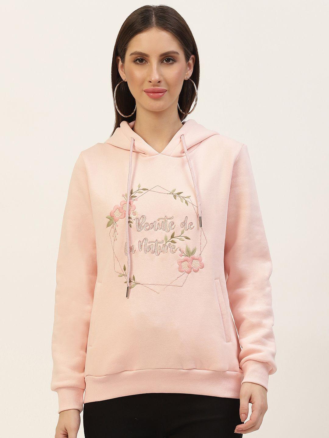 monte carlo women peach-coloured embroidered hooded sweatshirt