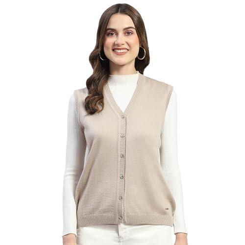 monte carlo womens beige solid v neck sleeveless wool blend cardigan sweater (1230716sl-1174-34)