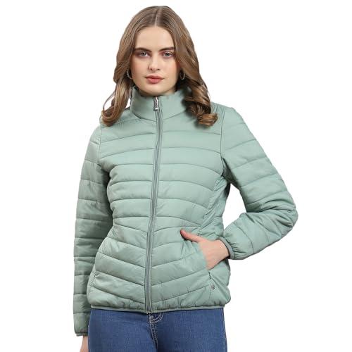 monte carlo womens green solid full sleeve stand collar casual jacket (223062590-1-38)